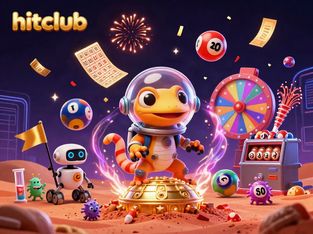 Hitclub players win big at a vibrant casino scene with colorful games and celebratory elements.