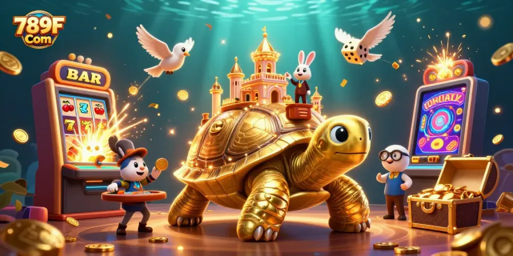 Play exciting games with 789F Com as a golden tortoise showcases a vibrant casino scene.