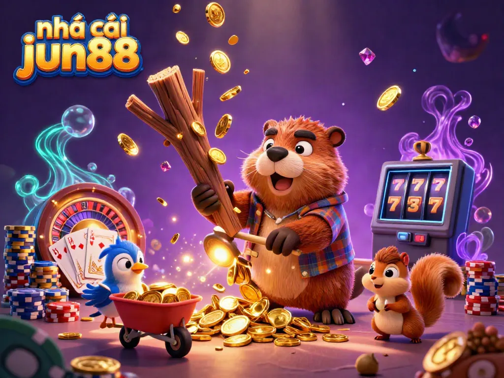 Experience the dynamic world of nhà cái jun88 with lively characters chopping trees of coins amidst a vibrant casino backdrop.