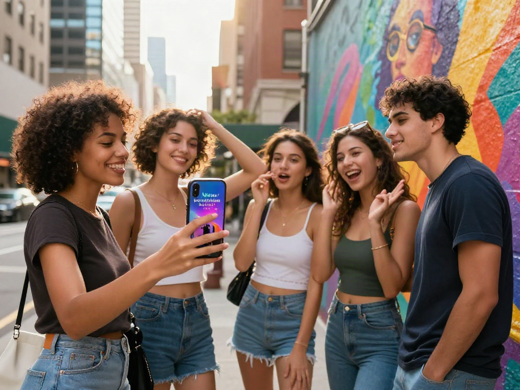 Youth engaging in self-image conversations at an attractiveness test event, showcasing diverse styles and modern confidence.