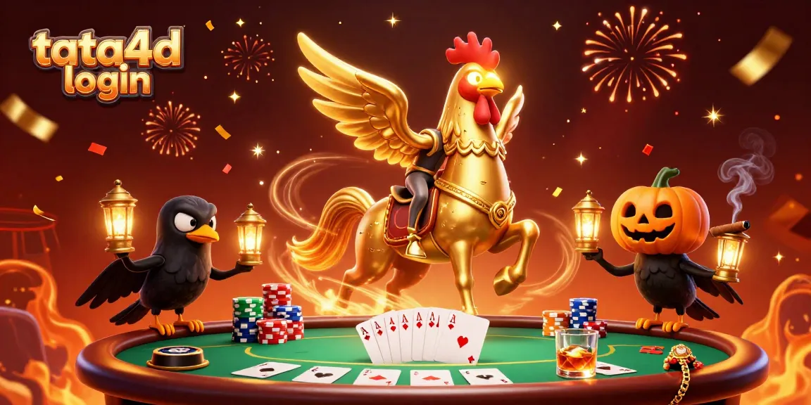 Engage with tata4d login in this vibrant casino scene showcasing a golden rooster and friends.