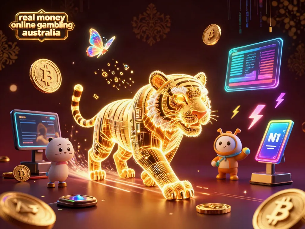 A vibrant scene illustrating an energetic tiger symbolizing real money online gambling Australia amidst crypto coins and digital casino elements.