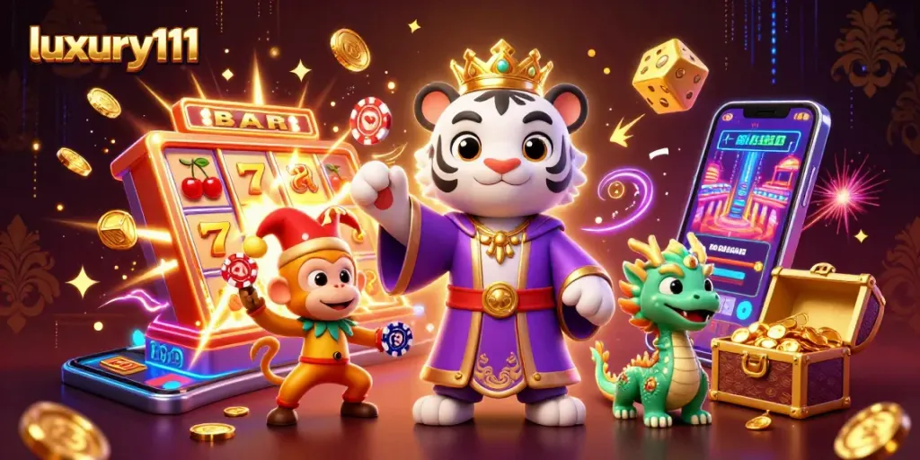 Experience luxury111 with an elegant tiger, playful monkey, and jade dragon amidst a vivid casino scene.