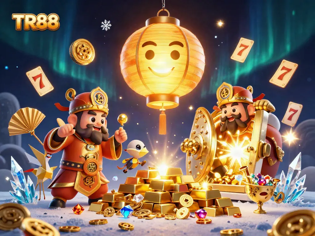 Engage with TR88 in this vibrant casino scene filled with slot reels, gold treasures, and lucky symbols.