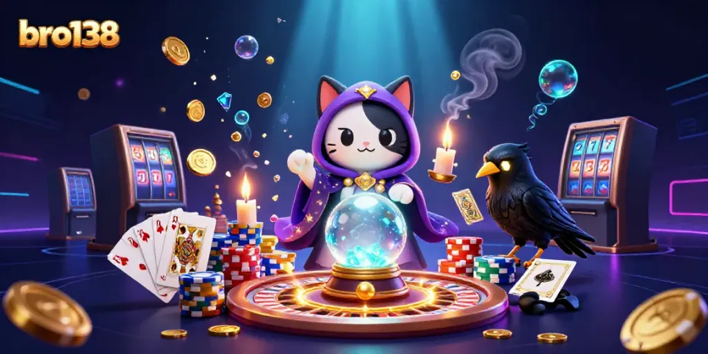 Experience thrilling wins with bro138 at this enchanting casino scene with fortune teller cat.