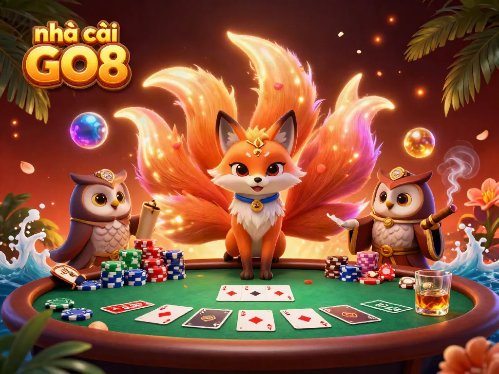 Experience the thrill of nhà cái GO8 with a vibrant illustration of gambling elements and spirits.