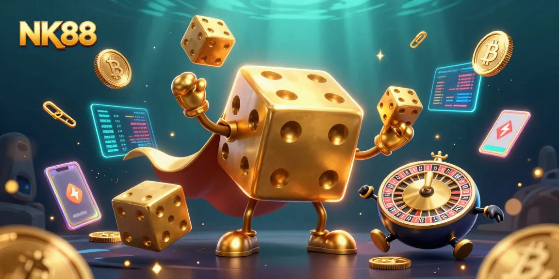 Engaging scene at NK88 showcasing a golden dice golem surrounded by crypto symbols and casino elements