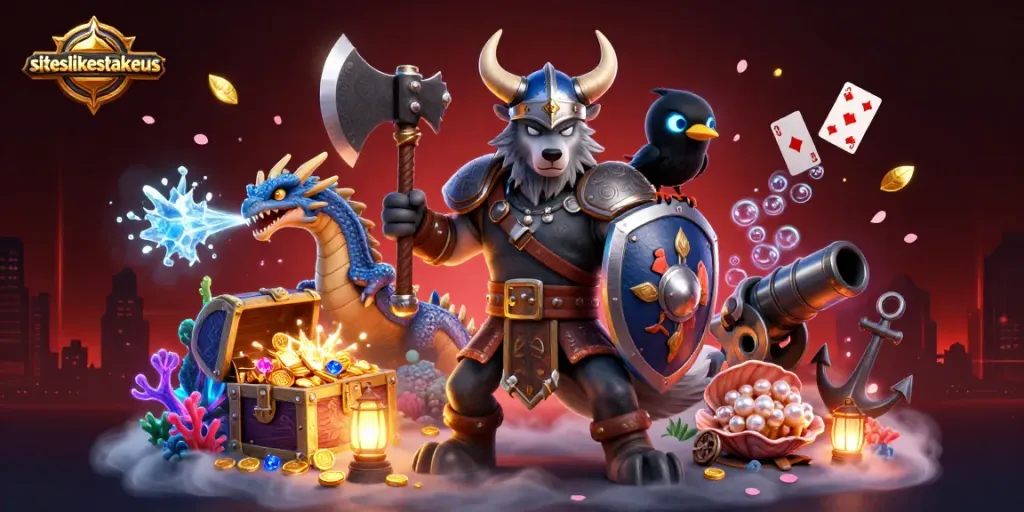 Experience thrilling rewards with siteslikestakeus' Viking warrior and dragon amid treasure and gaming elements.