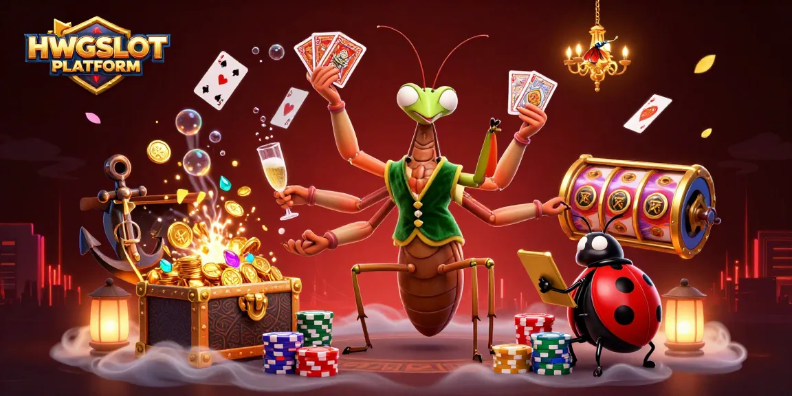 Engage with HWGSLOT PLATFORM featuring an exciting 3D cartoon scene of a giant mantis dealer and fun casino elements.