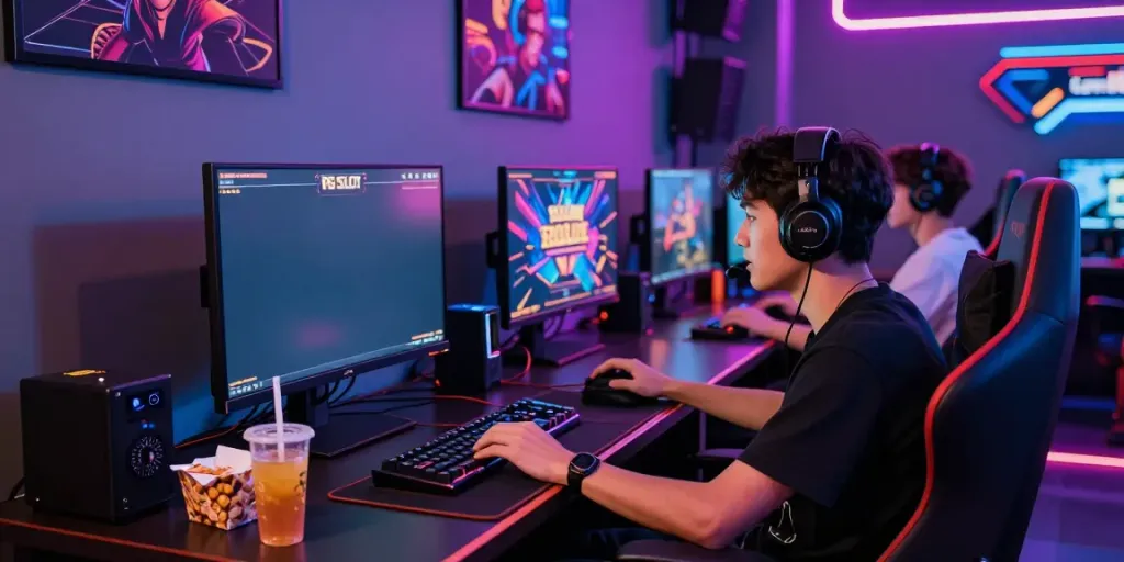 Gamer engaged in PG SLOT on large screen in a modern gaming lounge.