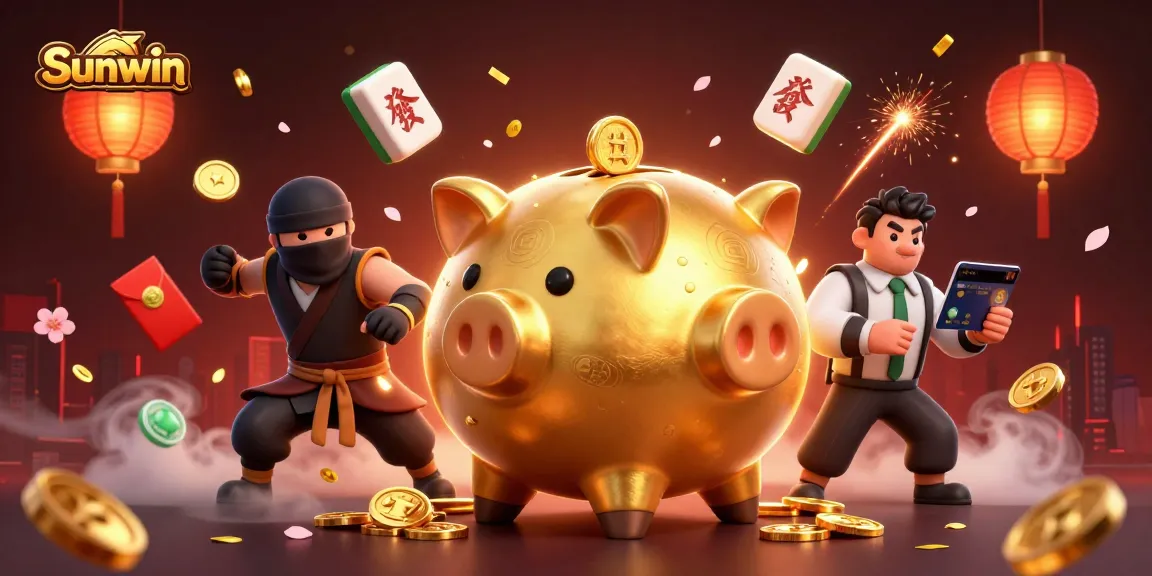 Engage with Sunwin's lively 3D scene featuring a golden piggy bank sumo wrestler, illustrating the excitement of online gaming.