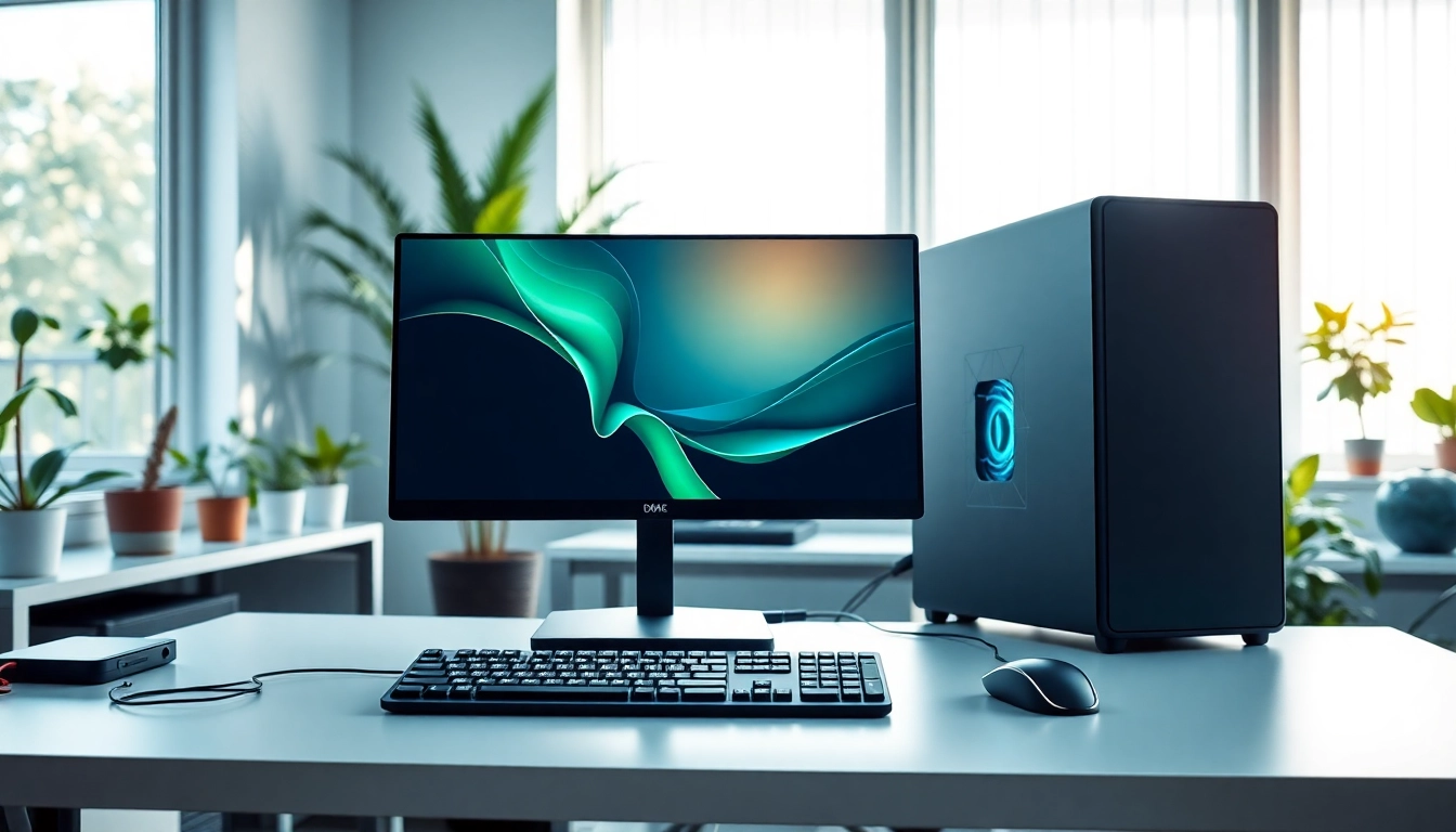 Ρυθμίστε ένα refurbished pc με μοντέρνα αξεσουάρ γραφείου και φως που αναδύει επαγγελματισμό.