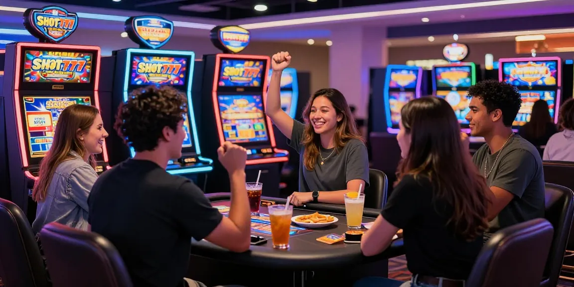 Exciting Slot 777 gaming scene with diverse players celebrating wins