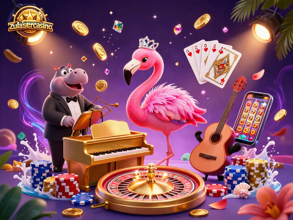 Experience excitement at zulasistercasino with vibrant characters and casino games illuminated by sparkling gems.