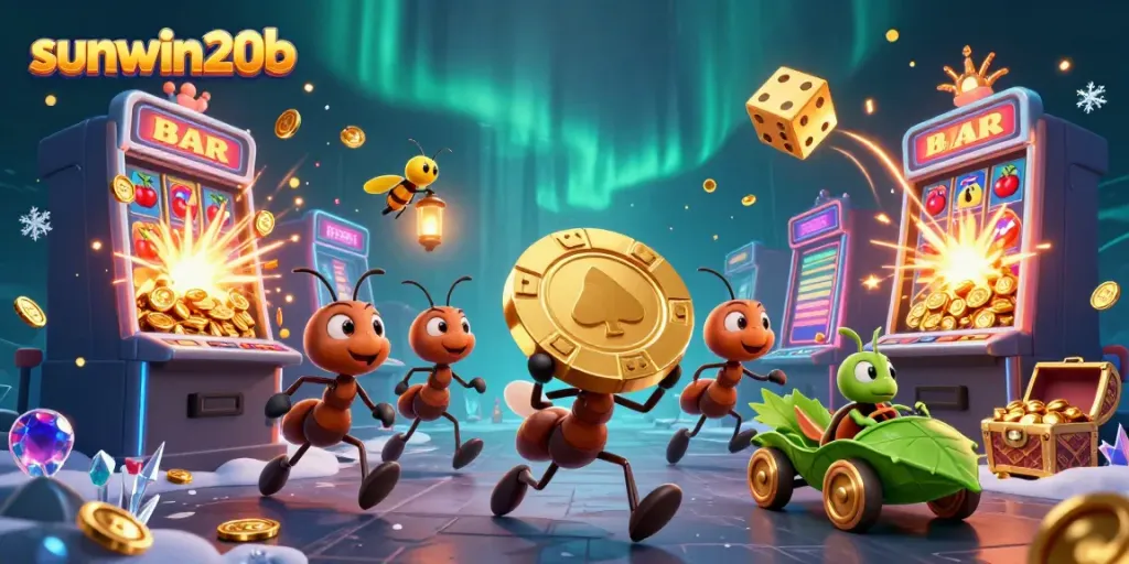 sunwin20b showcases a bustling casino environment with cartoon ants carrying a giant poker chip amidst vibrant game elements.