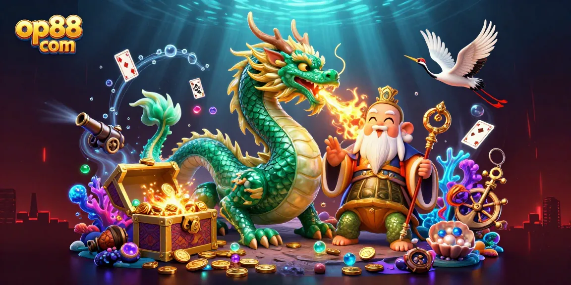 Play engaging casino games at op88 com with a vivid scene including a dragon and other elements.