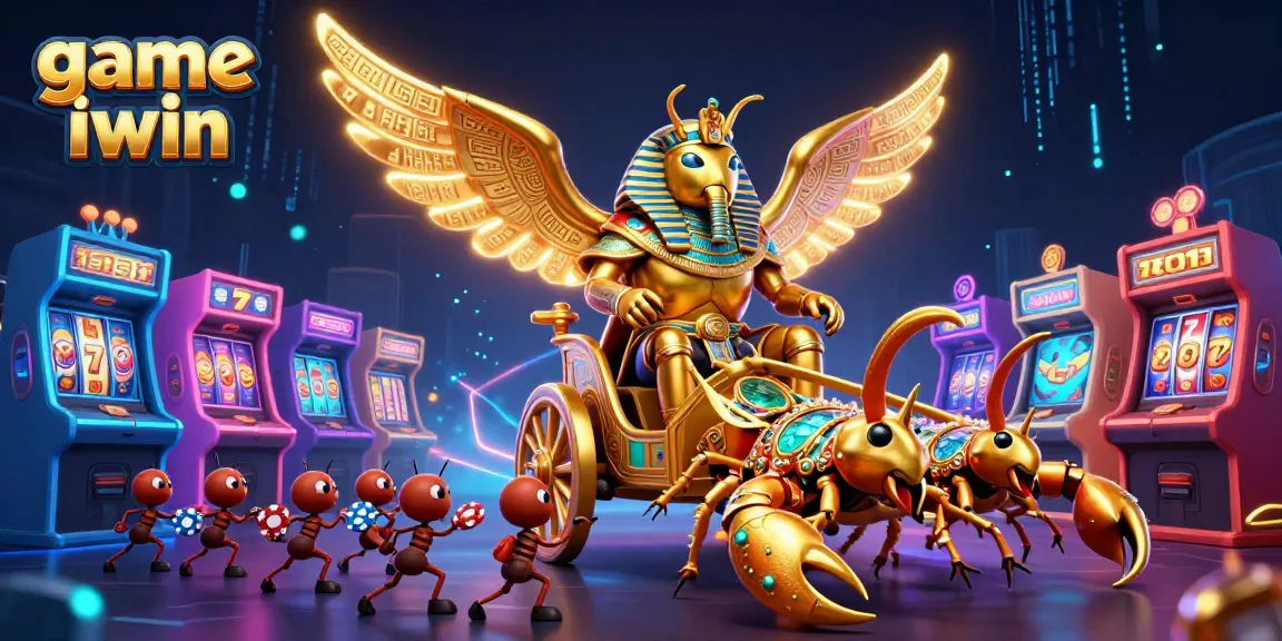 Engage with game iwin in a vibrant casino scene featuring golden scarabs and arcade machines.