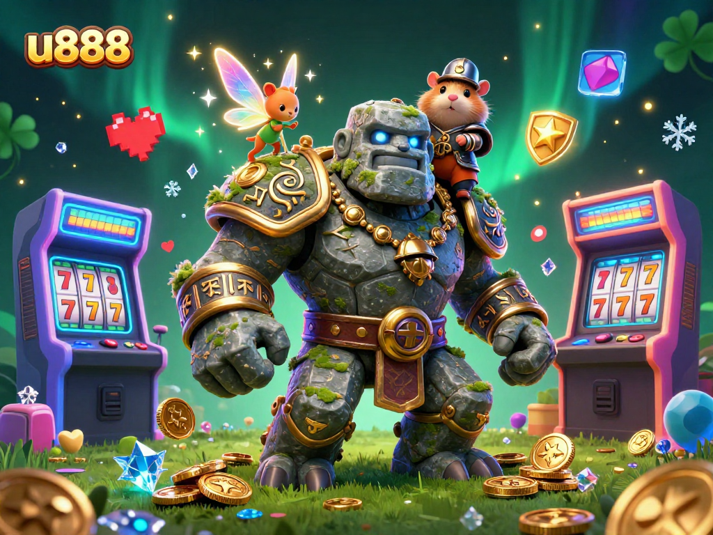 Engage with action at u888, as the stone golem guardian and companions unveil a magical casino world filled with slot reels.