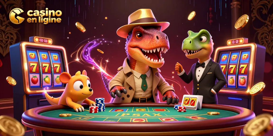 Jouer au casino en ligne avec un velociraptor et un pit boss attenant sous un éclairage dynamique.