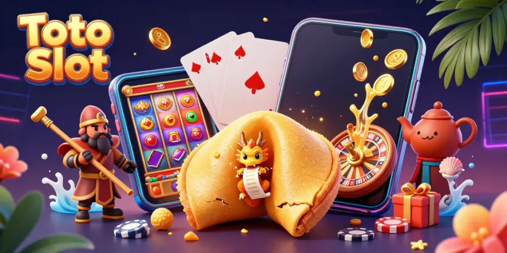 Gambarkan momen menang dengan Toto Slot, memperlihatkan kombinasi simbol keberuntungan dan suasana kasino.