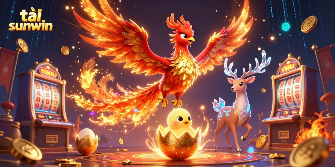 Experience excitement while playing tải sunwin with a dynamic 3D casino scene featuring phoenix characters and slot machines.