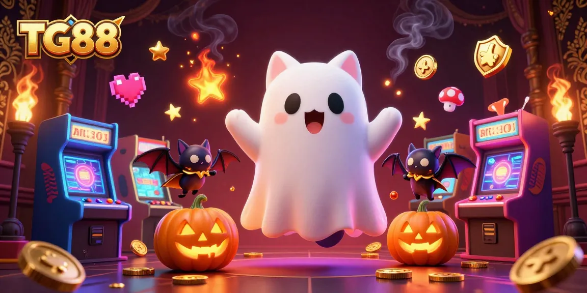 Engage with TG88 gaming at a haunted casino filled with ghosts, arcade machines, and spooky delights.