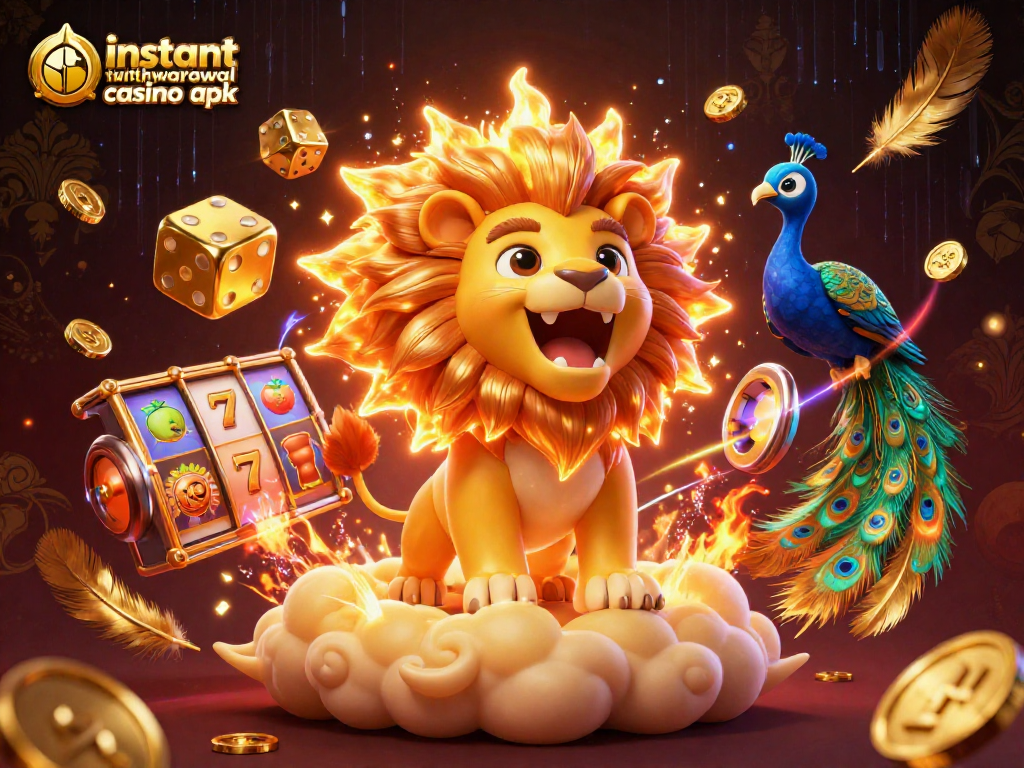 Play dynamic games with instant withdrawal casino apk featuring a roaring sun lion and golden dice.