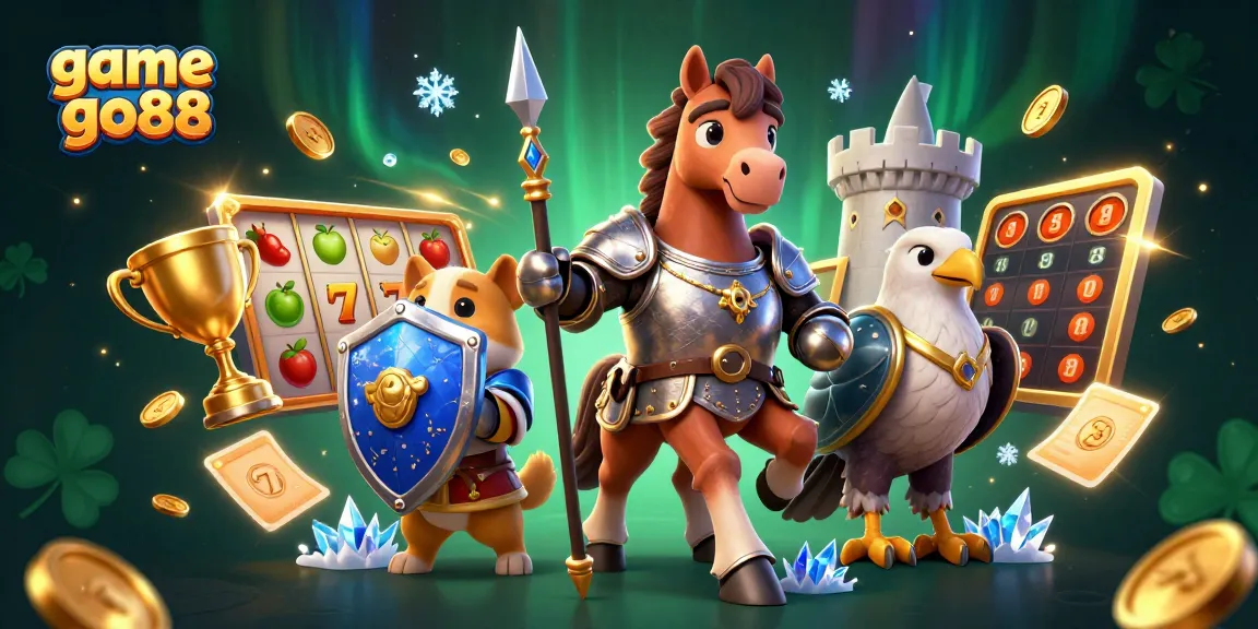 Experience exhilarating gameplay with game go88, featuring a knight, squire, and falcon in a vibrant casino world.