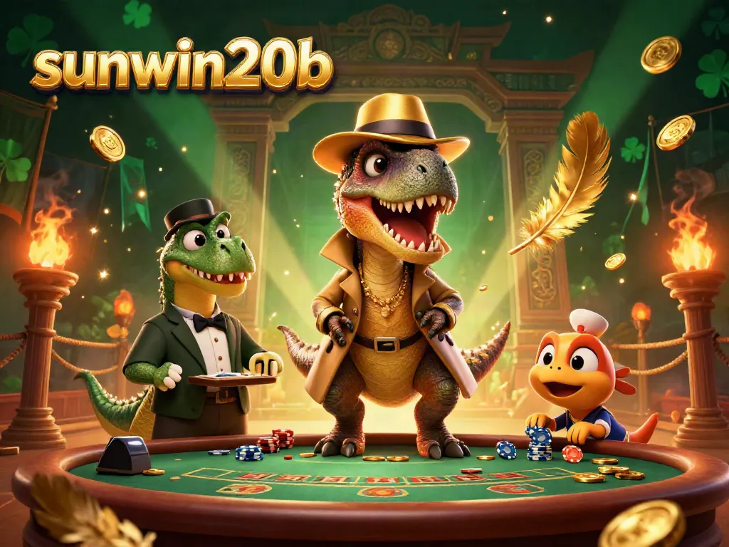 Experience thrilling gambling action with sunwin20b featuring a velociraptor card counter at a vibrant casino scene.