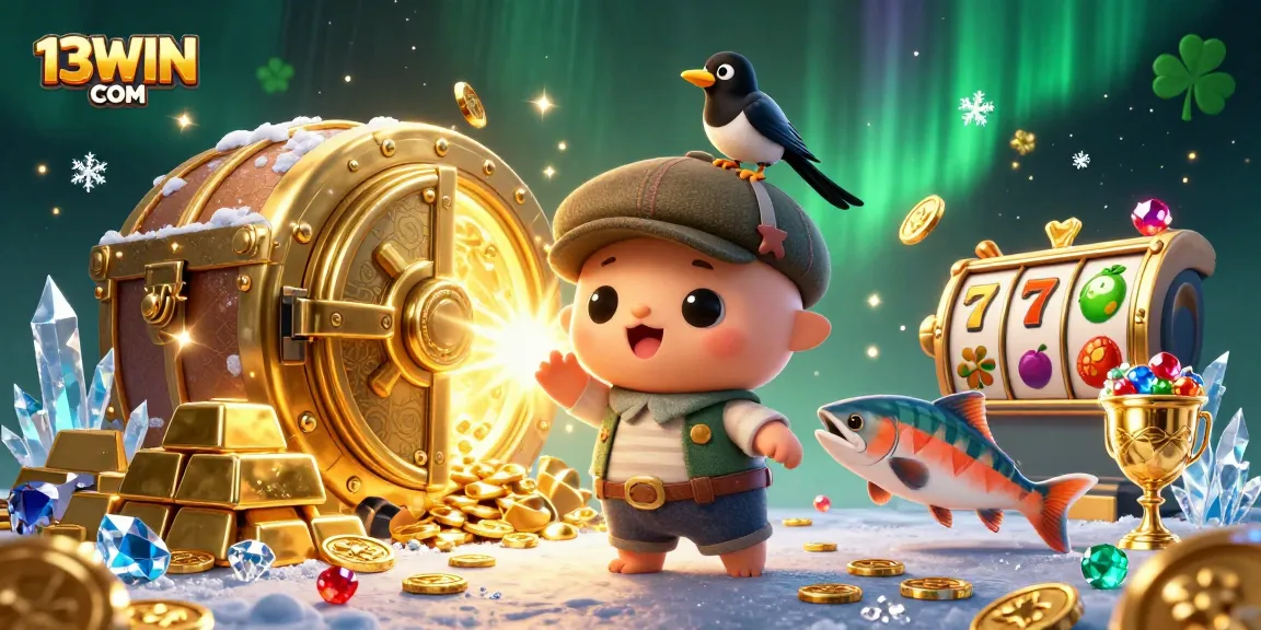 Engage with 13WIN COM featuring a vibrant 3D illustration of baby Nessie and riches in a fun casino atmosphere.