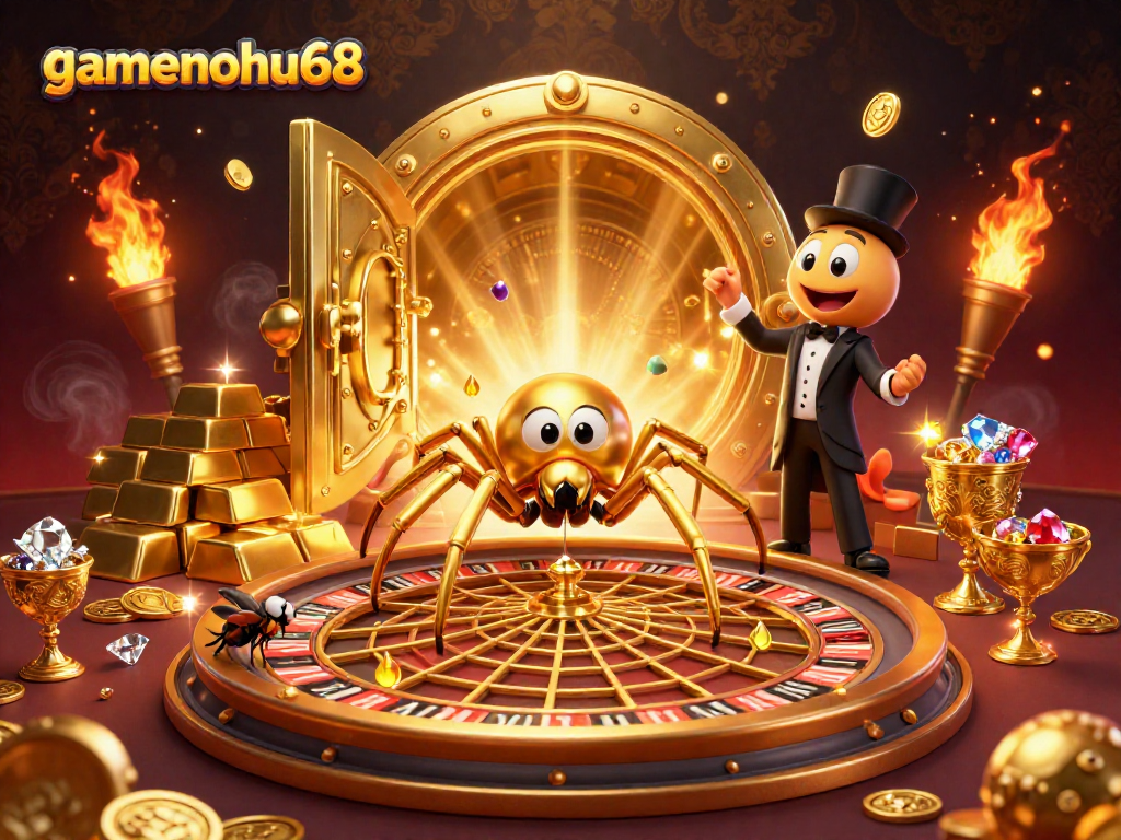 Spin the roulette wheel with gamenohu68 while a golden spider and a centipede croupier create casino magic.