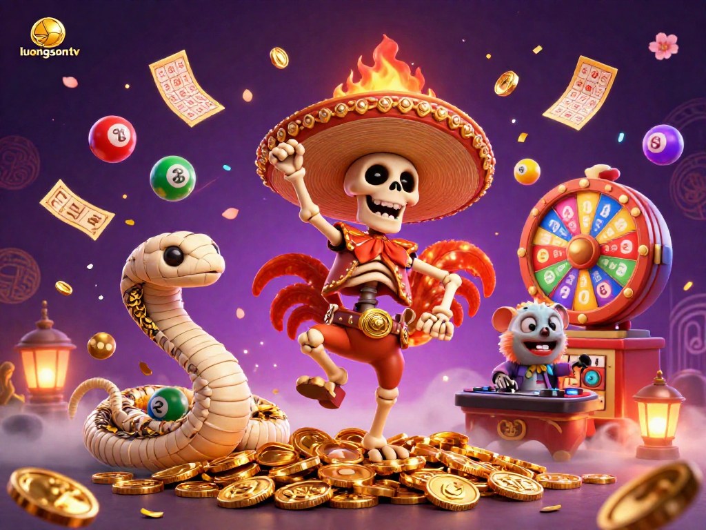 Experience thrilling moments at luongson tv as the cartoon skeleton mariachi rooster dances amidst dazzling lottery elements.
