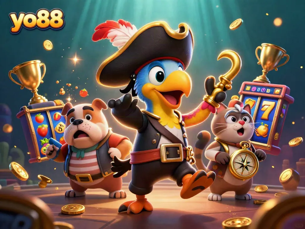 Spin the reels at yo88 for exciting jackpot wins with vibrant casino graphics and dynamic characters.