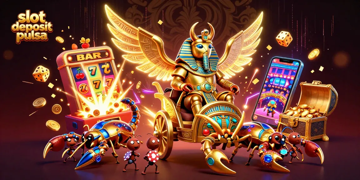Slot deposit pulsa pada ilustrasi kasino dengan karakter menarik dan mesin slot fantastis.
