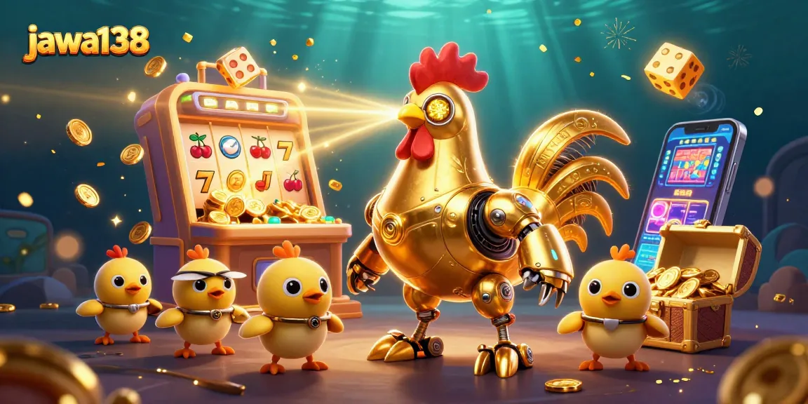 Experience jackpot excitement with jawa138: golden rooster robot amidst casino chaos.