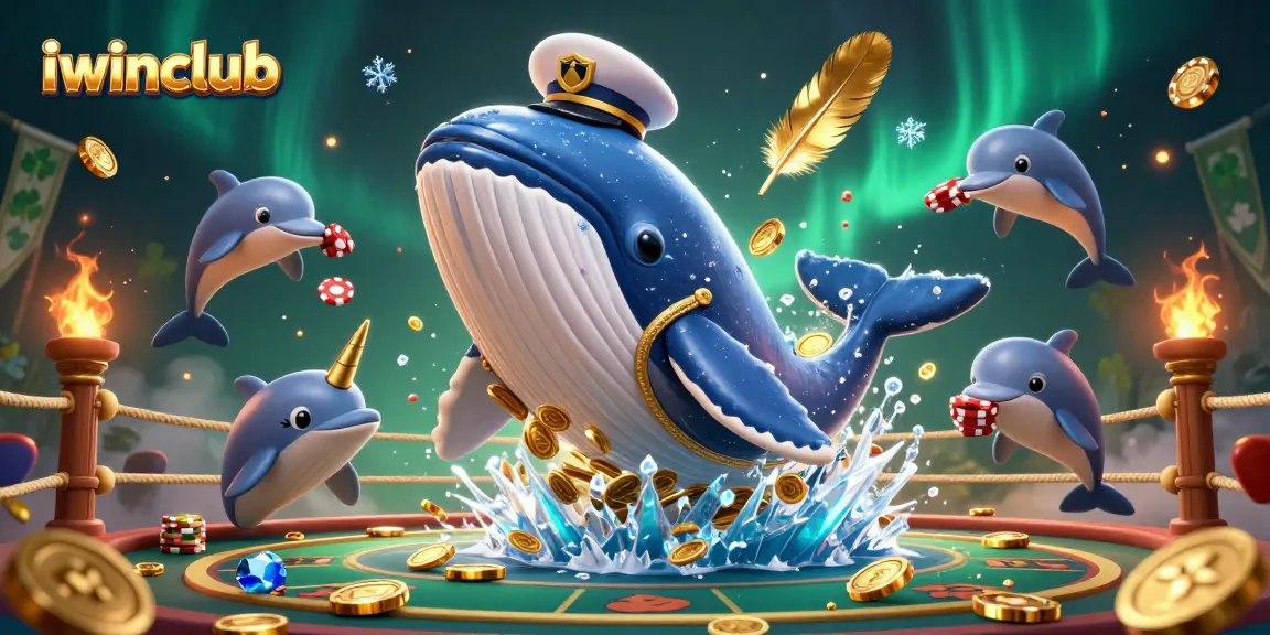 iwinclub features vibrant 3D illustration with casino elements, showcasing a whimsical whale and playful dolphins.
