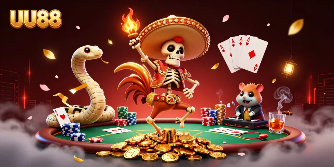 UU88 players enjoy vibrant gaming excitement with a mariachi rooster, mummy snake, and hamster DJ.
