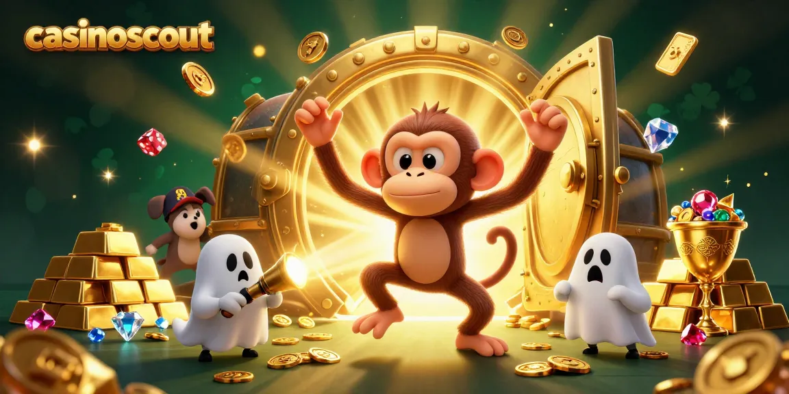casinoscout reveals a mischievous monkey and a curious puppy chasing golden treasures in a haunted casino