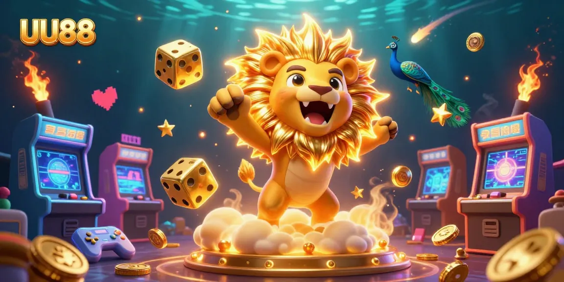 Spin and win with UU88 as a triumphant sun lion roars amidst colorful casino elements.