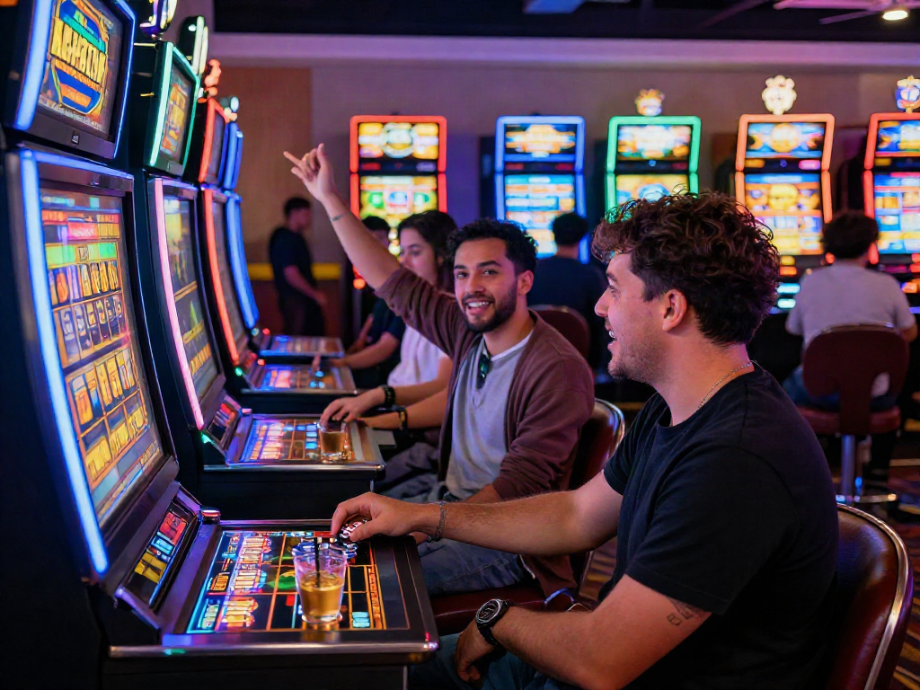 Exciting group celebrating a win at a slot gacor machine in a vibrant casino.