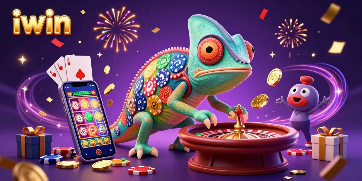 Experience profitable gaming with iwin’s vibrant casino scene featuring a chameleon owner and animated slot games.