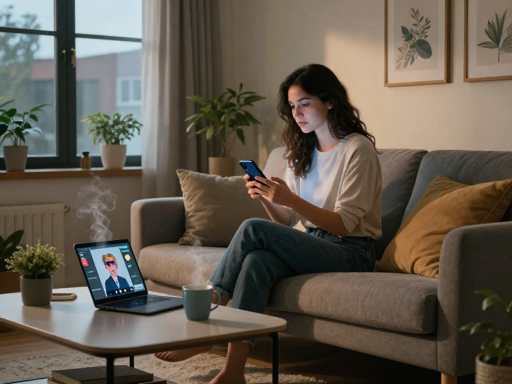 Engaging with an AI girlfriend on a smartphone in a cozy urban apartment setting.