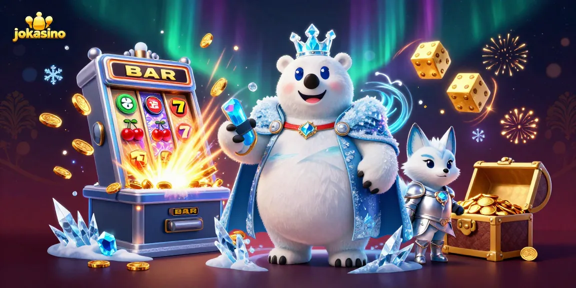 Spin and win at jokacasino with polar bear king, slot action, and jackpot explosions.