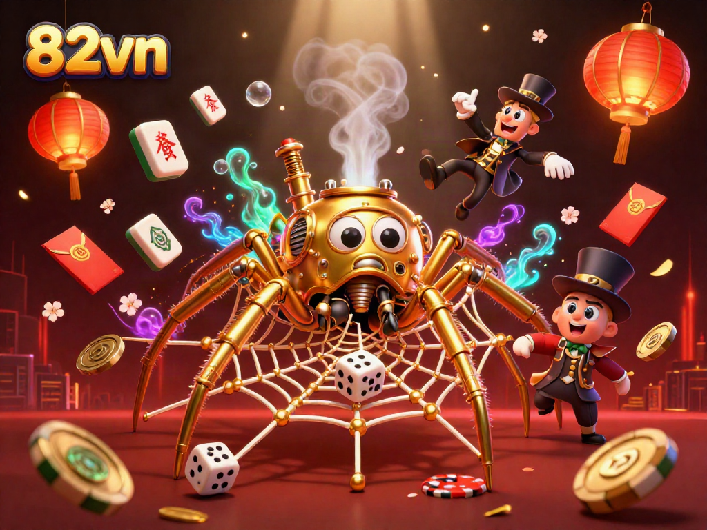 Engage with 82vn's thrilling casino world, featuring a steampunk spider and festive elements capturing the excitement.