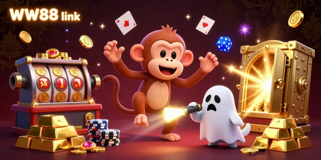 Experience the excitement of gaming with WW88 link amidst dazzling treasures in a 3D haunted casino scene.