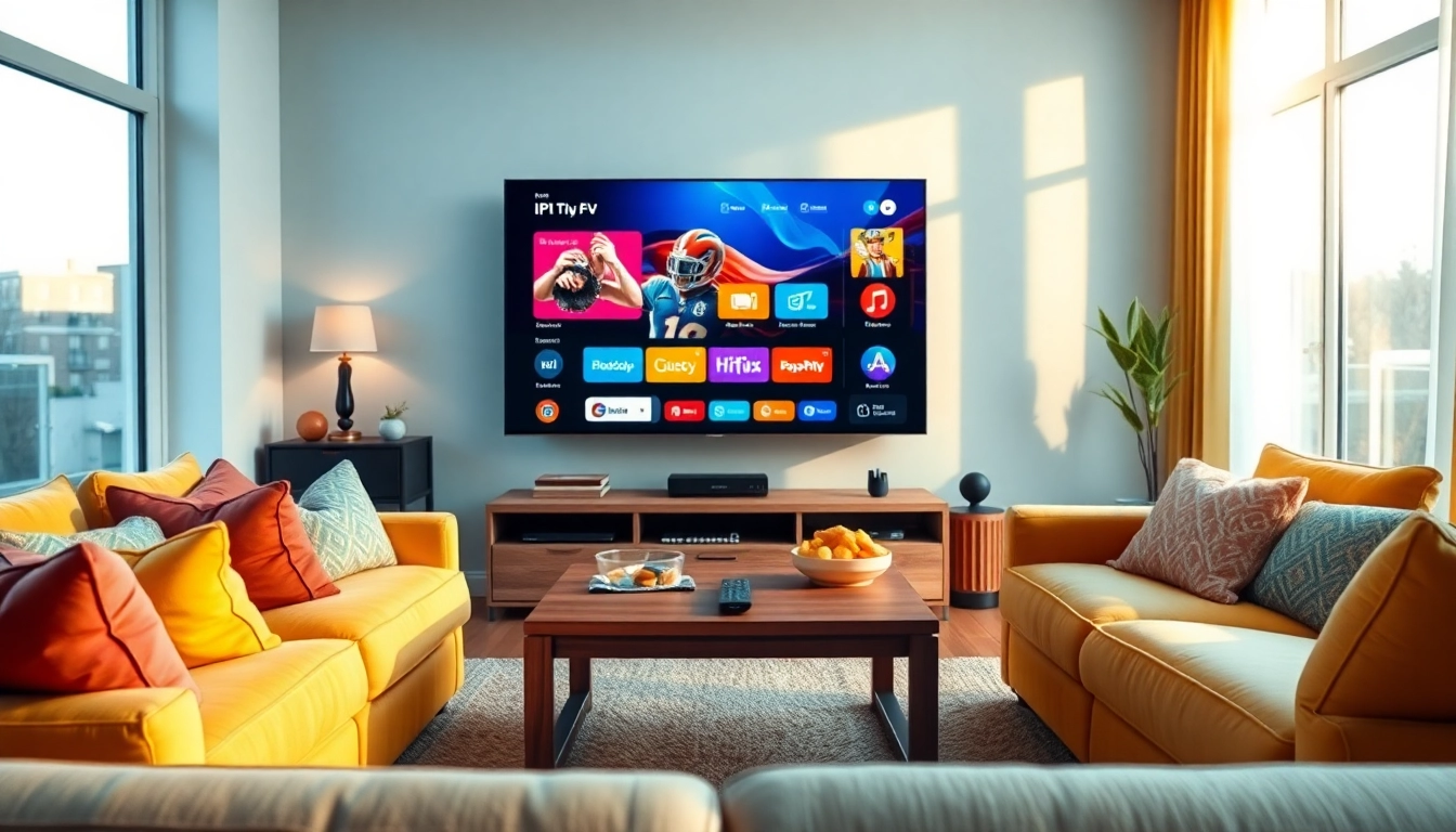 Experience Free IPTV Trial 24 Hours with a cozy living room setup featuring a large TV and snacks.