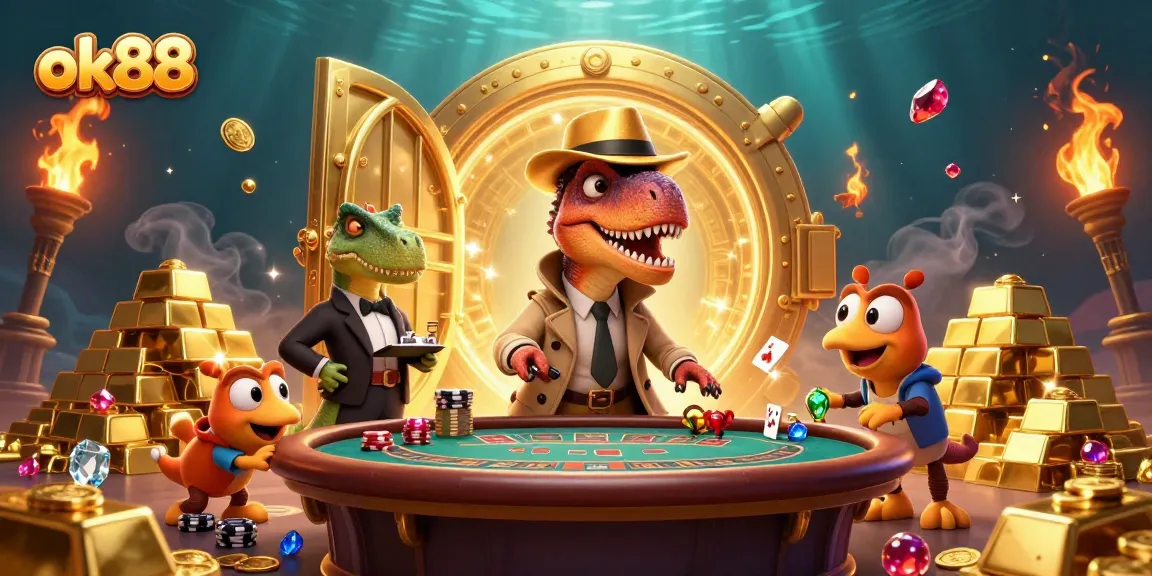 ok88 celebrates thrilling wins at a dynamic blackjack table featuring animated dinosaurs.