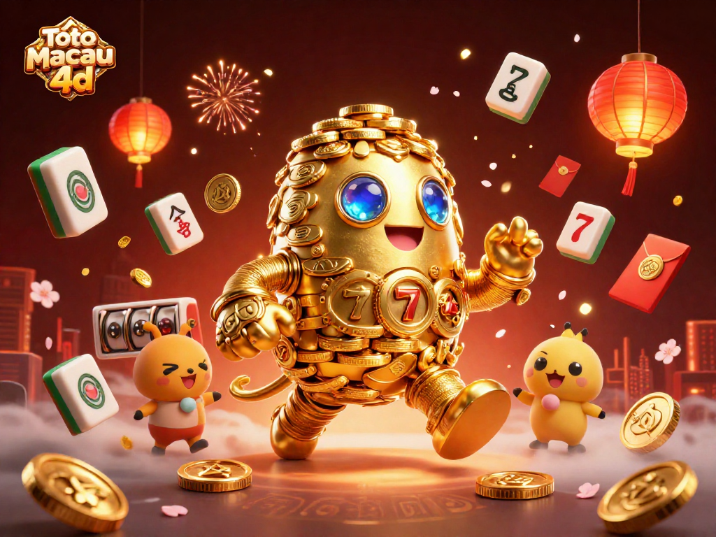 Toto Macau 4d showcases a golden golem with slot symbols in an engaging lottery scene