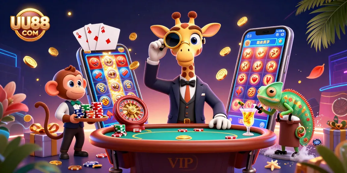 Experience thrilling jackpots at UU88 COM with a high-roller giraffe, monkey valet, and chameleon bartender.