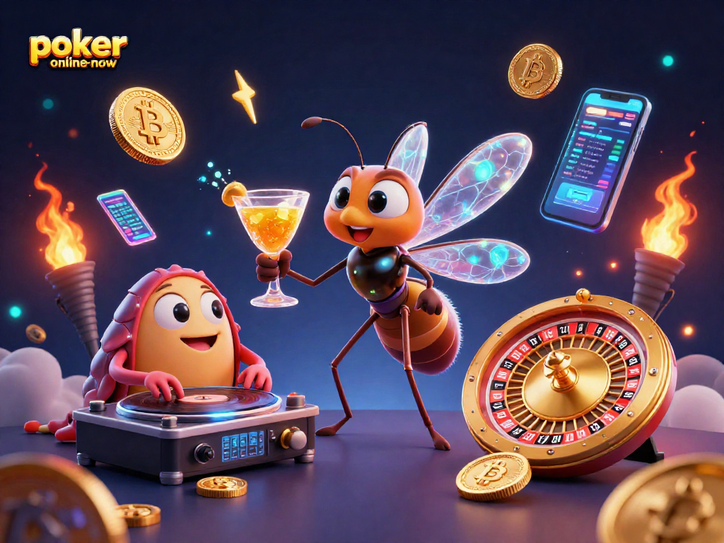 Experience thrilling action in poker-online-now with a vibrant casino scene illustration featuring unique characters.